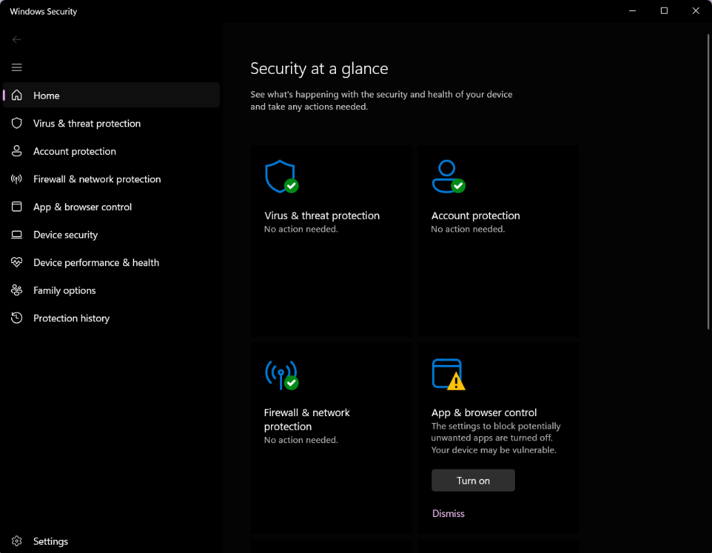 Windows Security dashboard with Virus and threat protection active.
