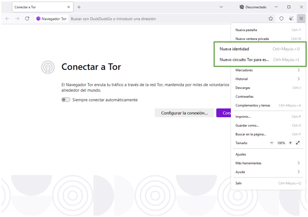 Menú de la aplicación del navegador Tor con las opciones Nueva identidad y Nuevo circuito Tor para esta web resaltadas.