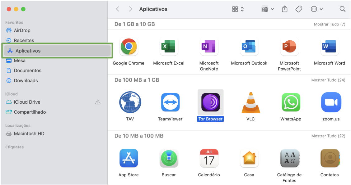 Tor Browser listed in the Applications folder on macOS.