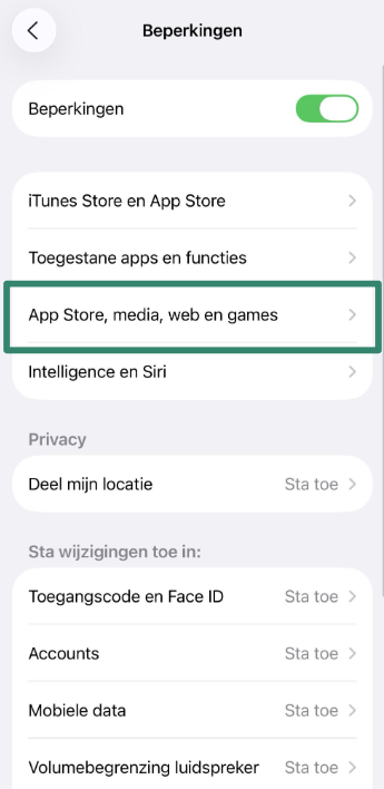 App Store, Media, Web & Games restrictions menu on iPhone.