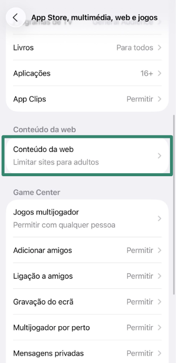 iPhone screen showing Web Content restriction setting.