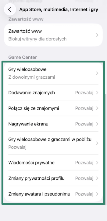 Game Center restrictions in Screen Time settings.