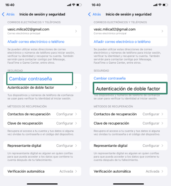 iPhone Sign-In & Security settings with Change Password (left) and Two-Factor Authentication (right) highlighted.