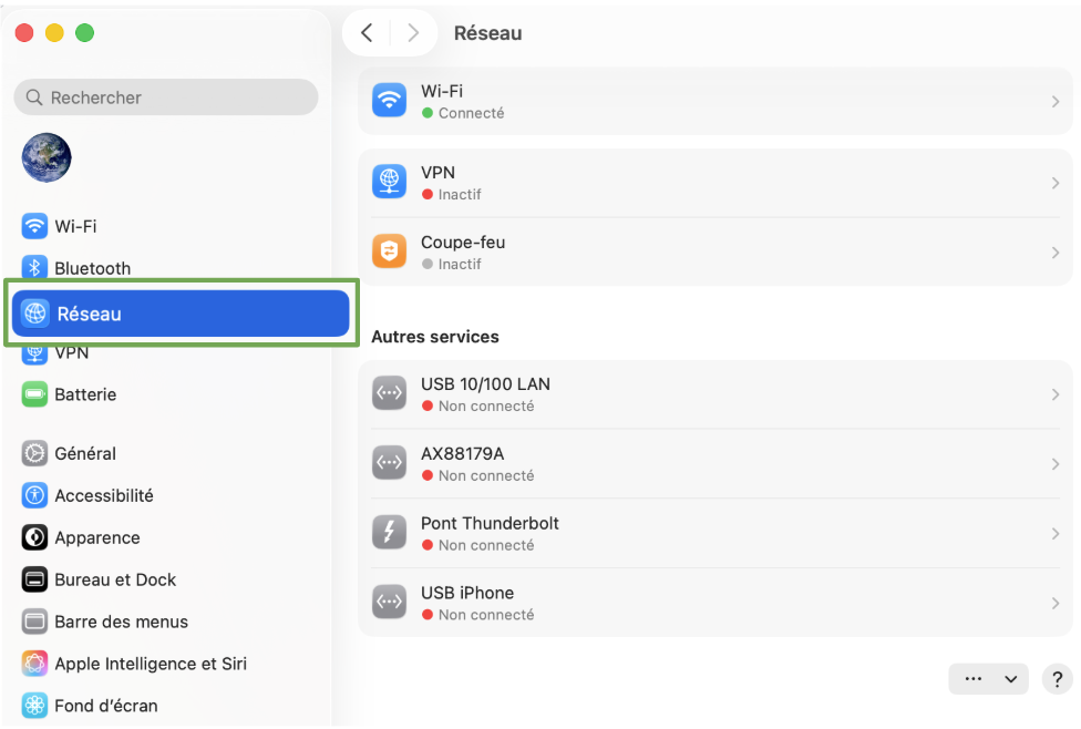 The System Preferences menu, showing the Network option.