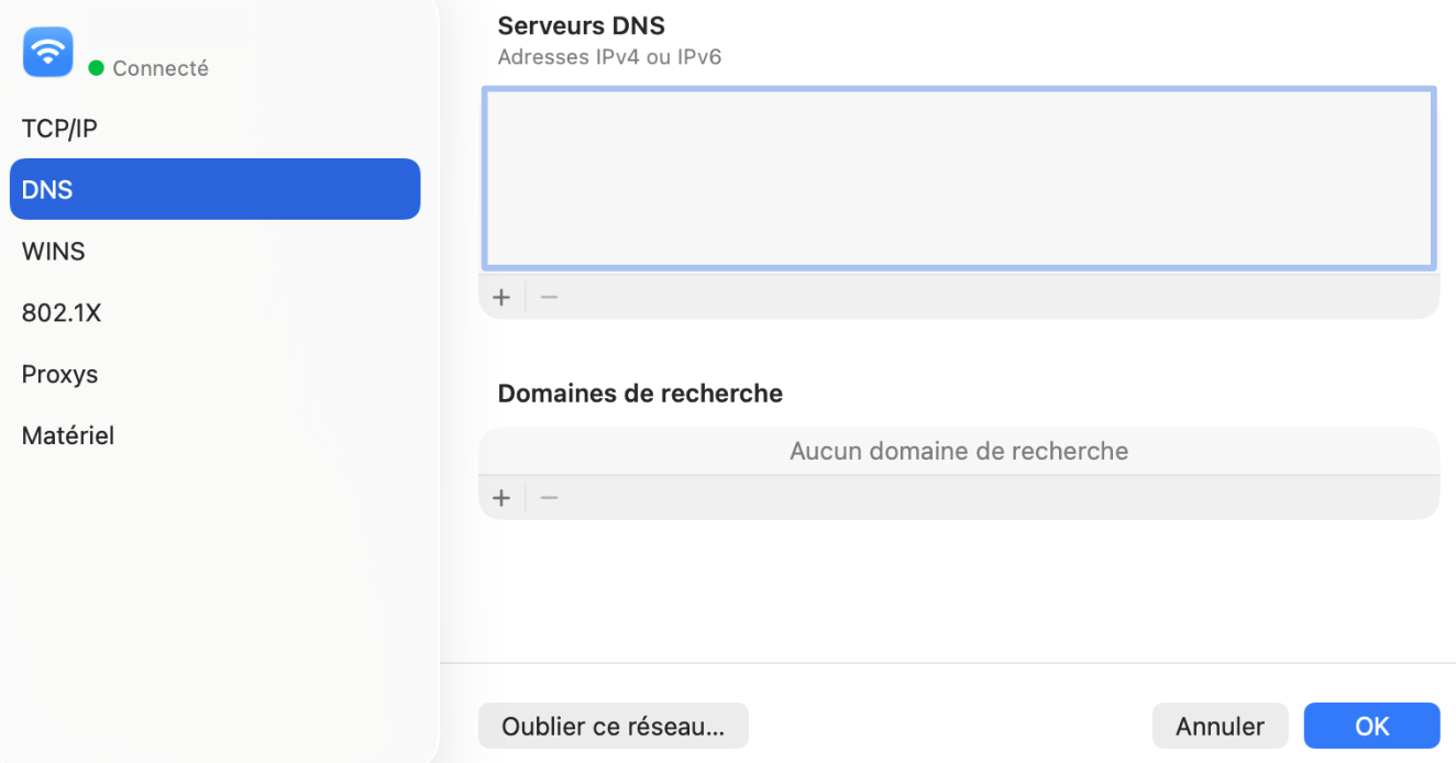 The DNS page of the Advanced Wi-Fi settings of a Mac, showing the DNS servers for the current network connection.