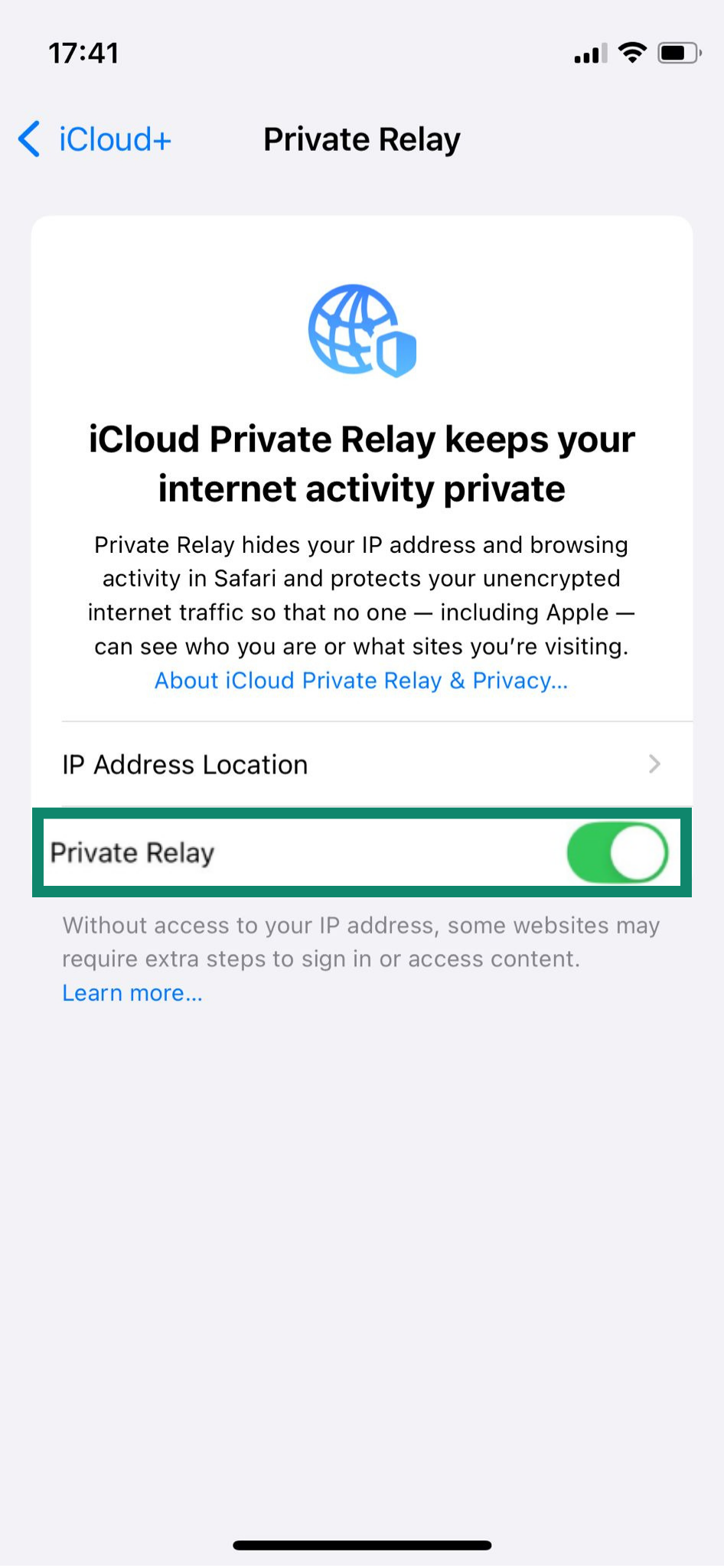 The iCloud Private Relay settings page on an iPhone, showing the option to toggle Private Relay on or off.