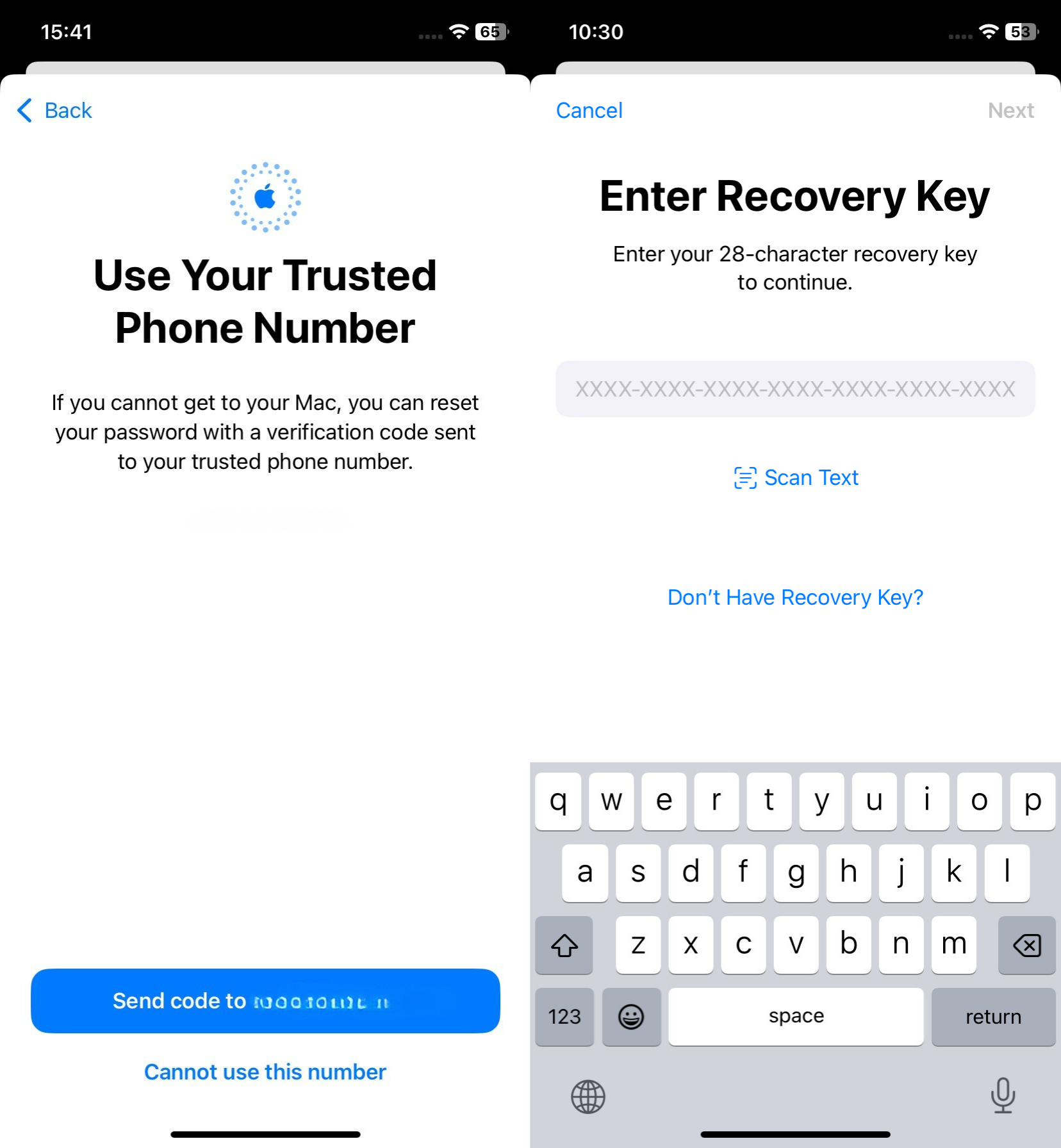 Use Your Trusted Phone Number iOS screen with the Send code button (left) and Enter Recovery Key screen (right)