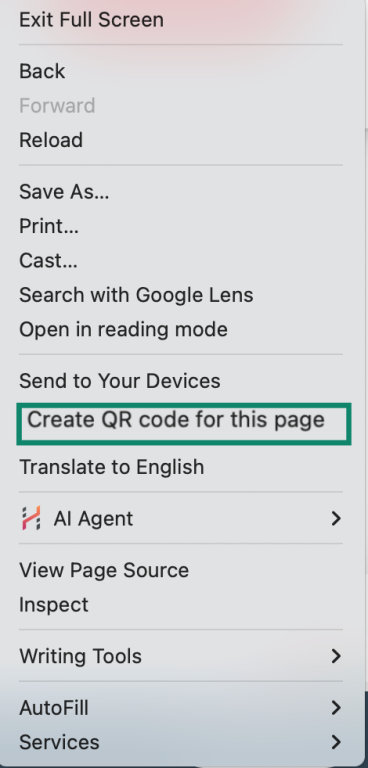 The "Create QR code for this page" option after right-clicking a website on a Mac.