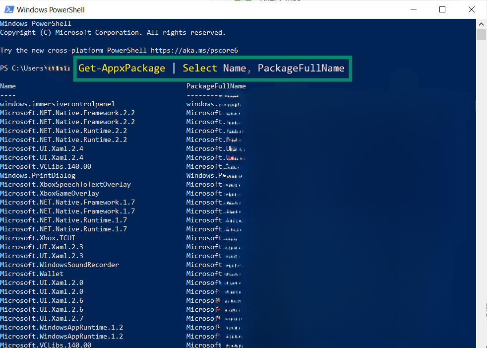 Windows PoewrShell displaying apps.
