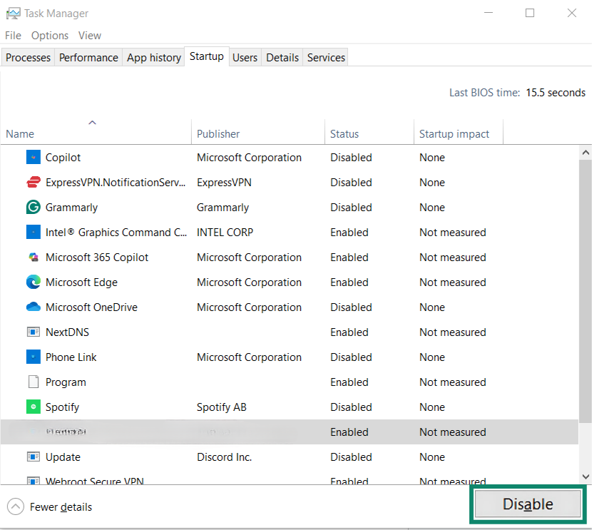 Disabling a Windows Startup app.