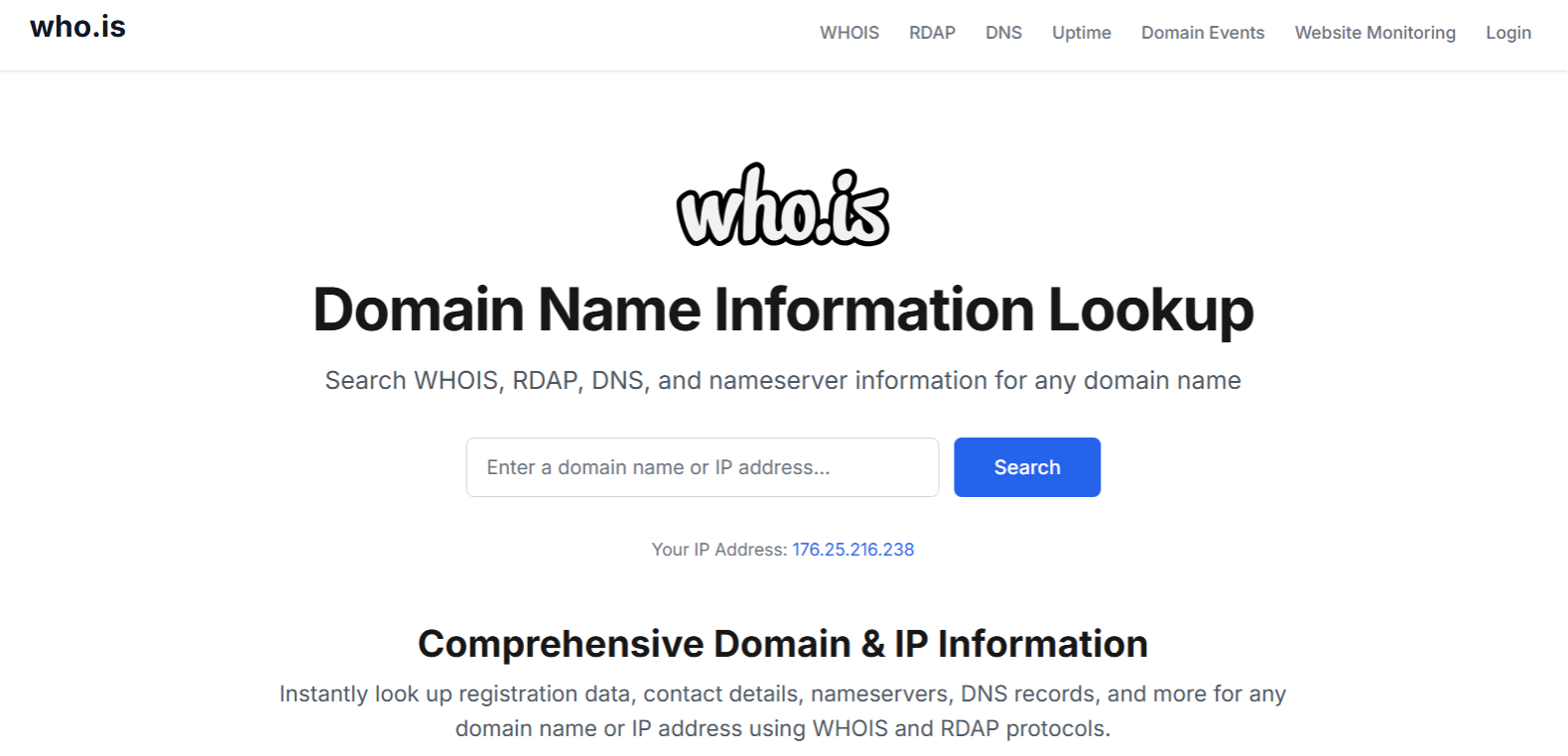 A screenshot of the main page of the domain name lookup website who.is