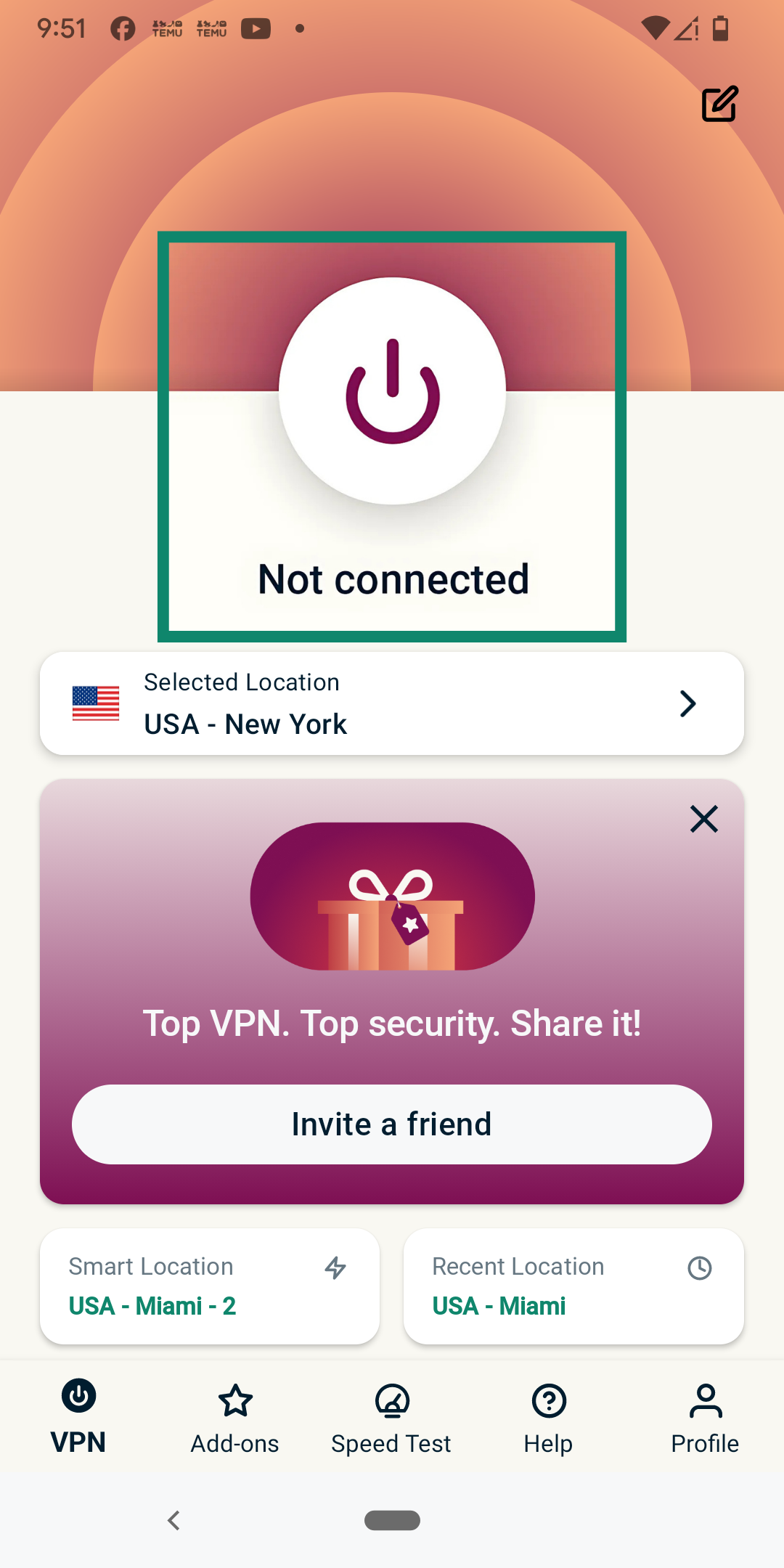 ExpressVPN app home screen, but disconnected.