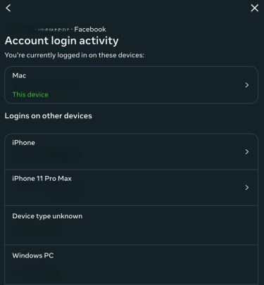 Facebook active sessions page.
