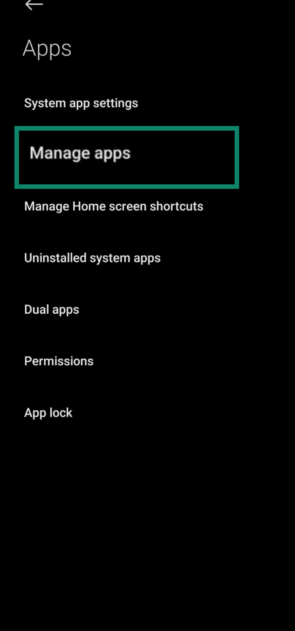 The Manage Apps menu on an Android phone.