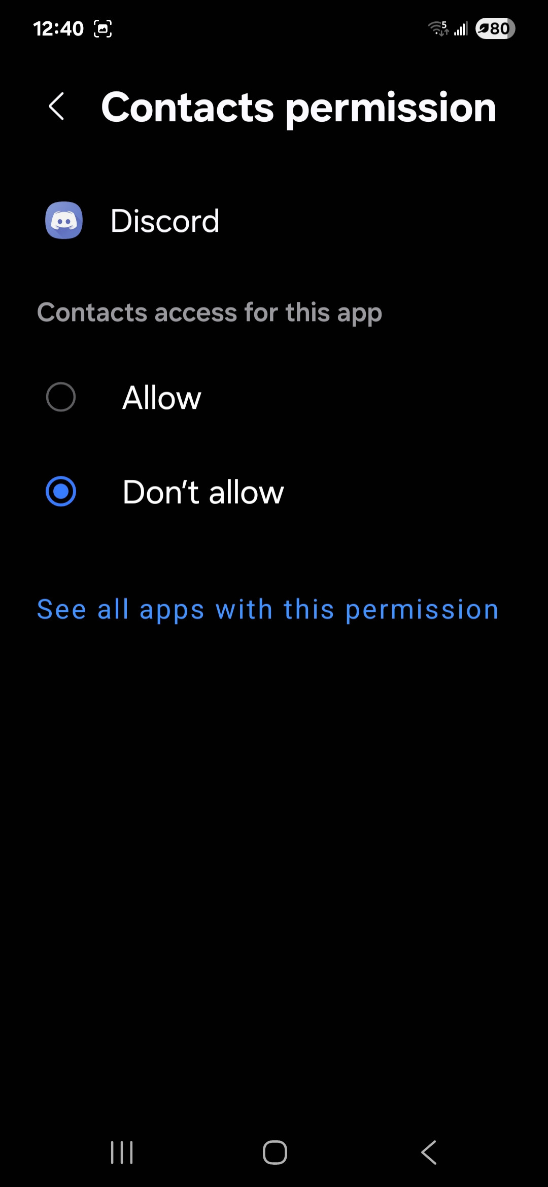Android screen for managing Contacts permission for the Discord app.