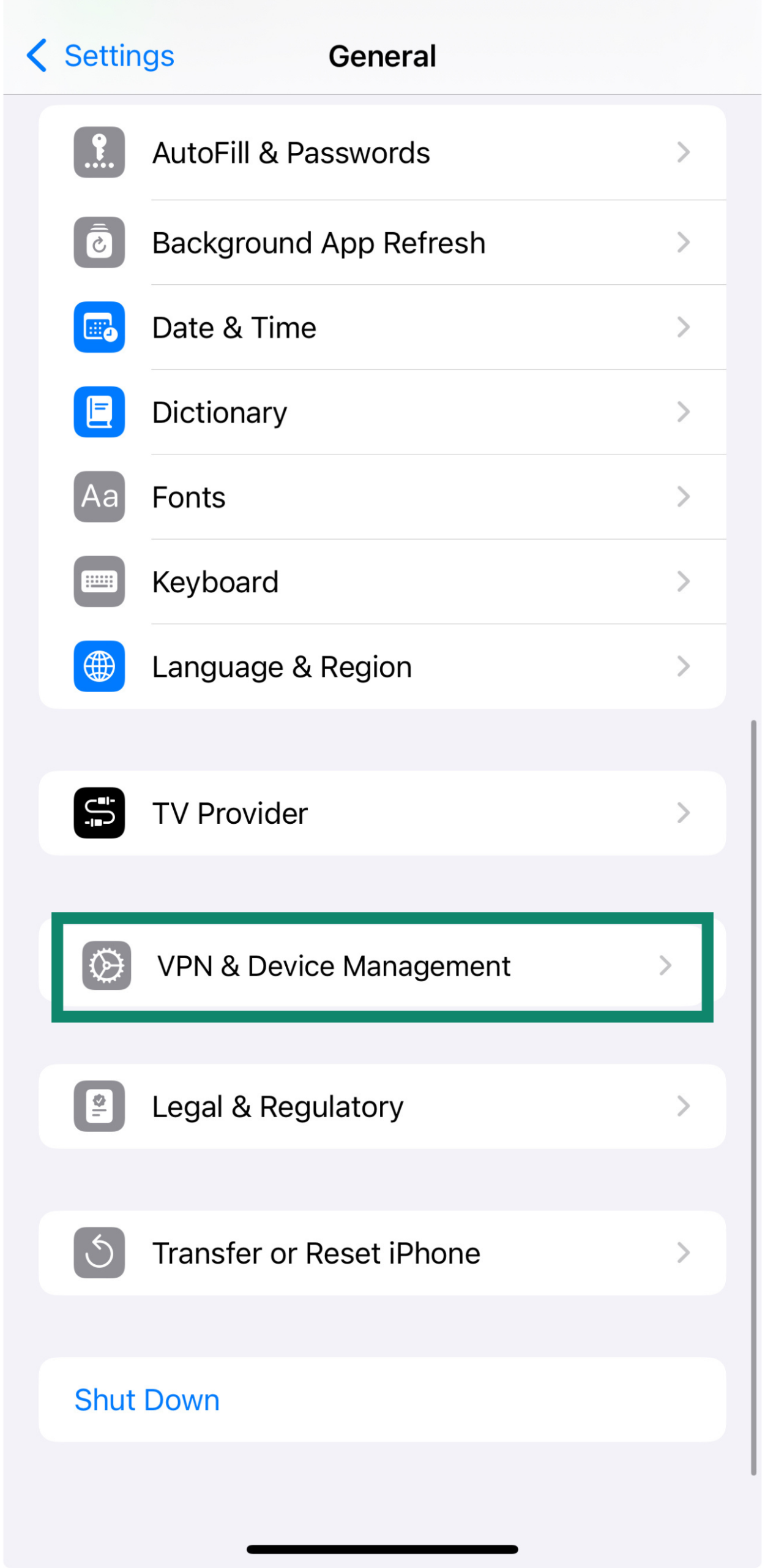 iPhone settings showing VPN and Device Management to manage security profiles