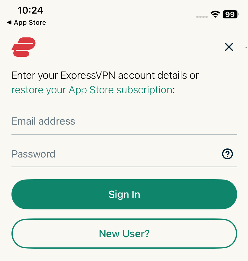 Screenshot of the ExpressVPN app’s login screen, with fields for entering login credentials and an option to sign up for a new account highlighted.