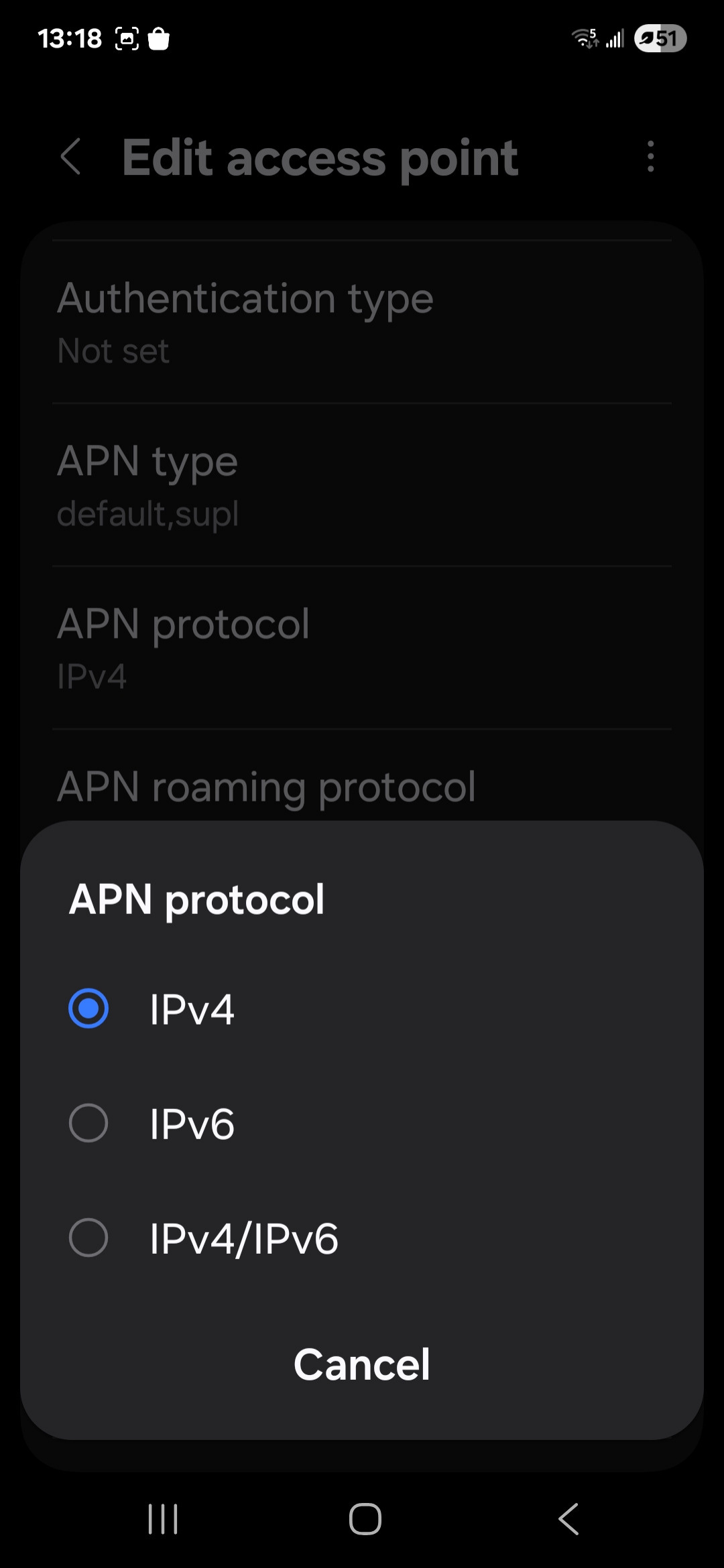 Android device showing APN protocol options.