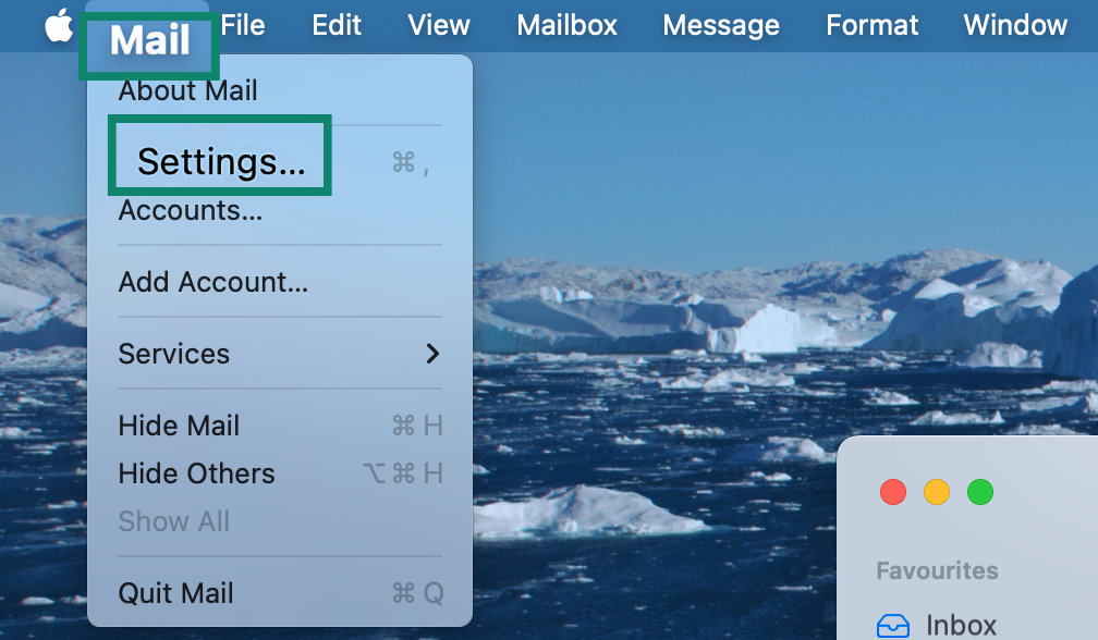 Apple Mail interface showing how to access Mail's settings.