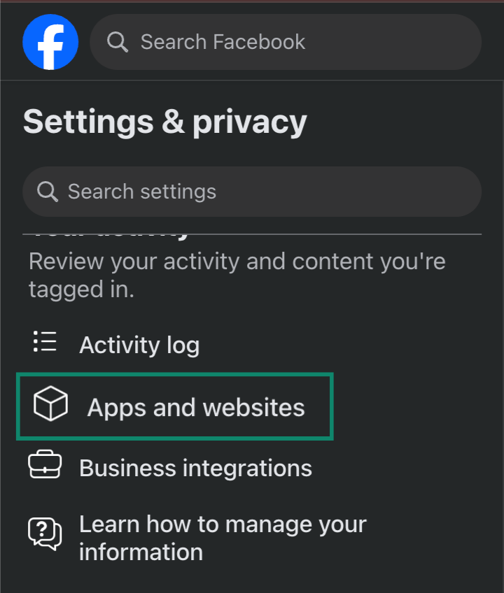 Facebook settings with Apps and websites option highlighted.