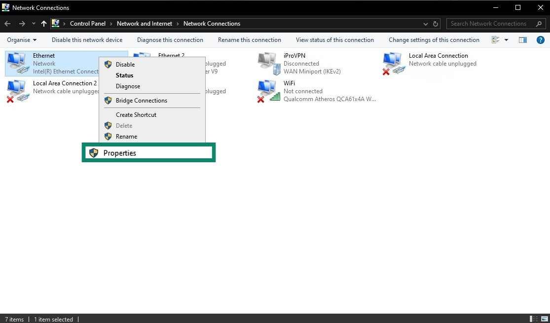 Windows 10 Network Connections showing the right-click menu for an adapter with Properties highlighted.