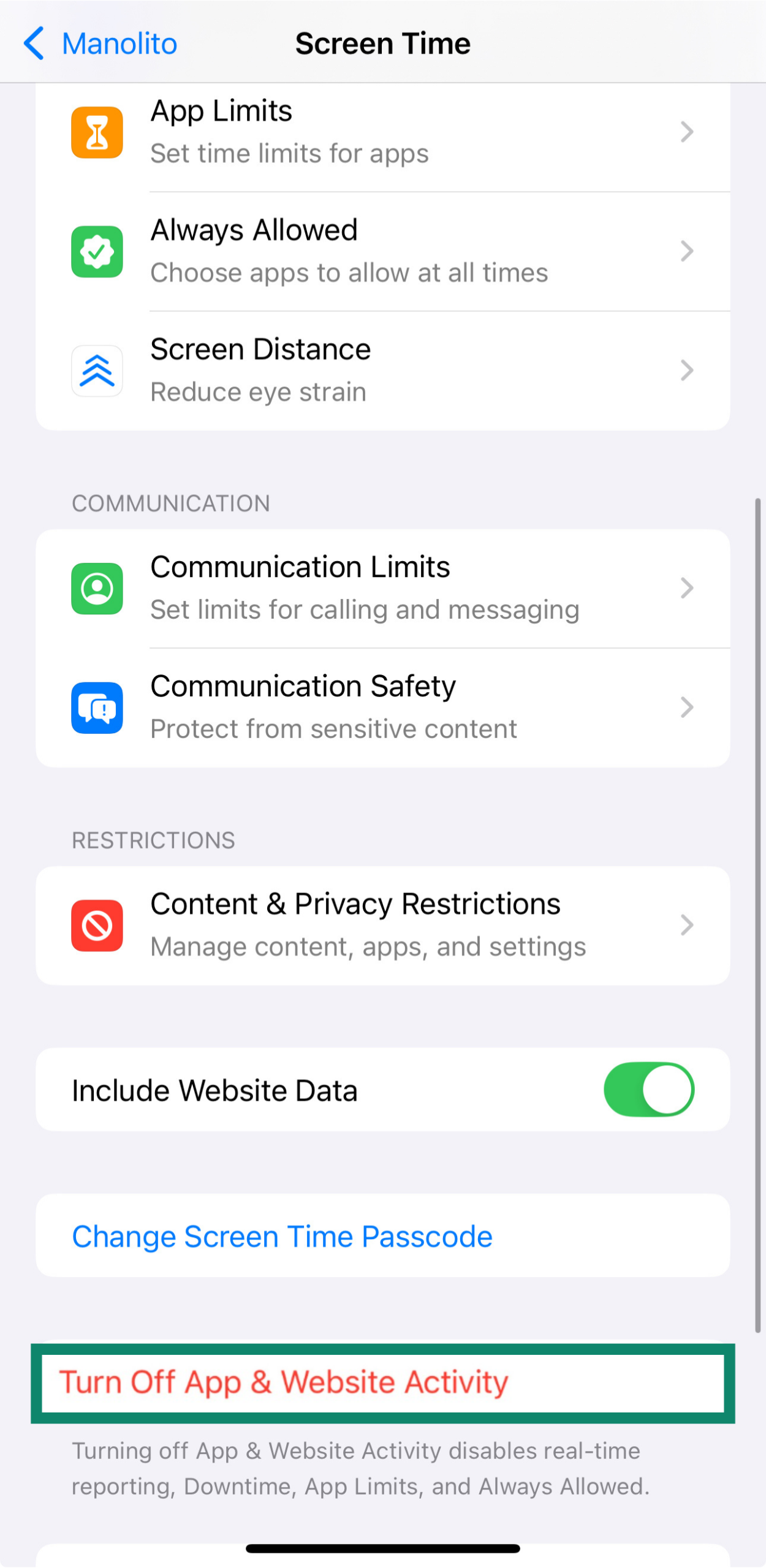 Option to turn off App & Website Activity in Screen Time settings