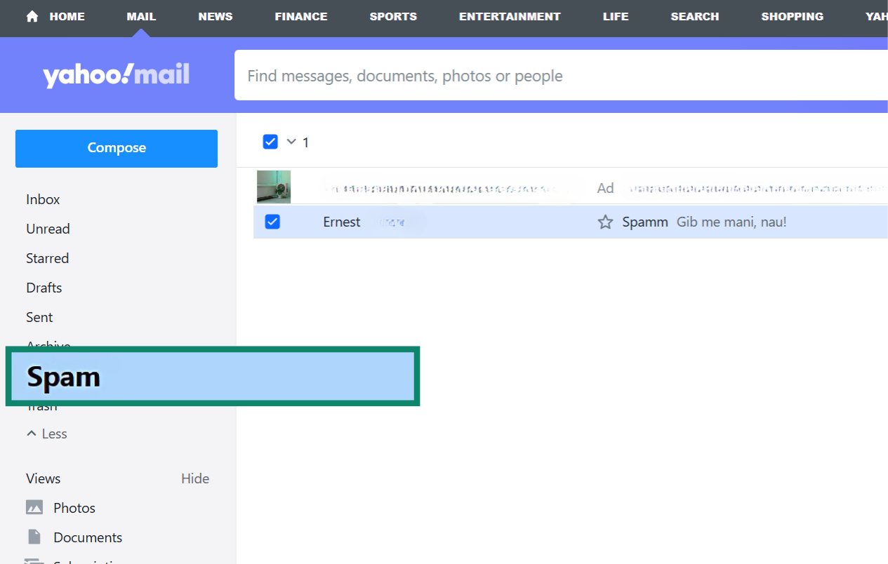 Yahoo's spam folder showing emails marked as spam.