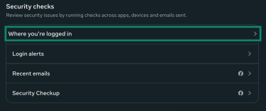 Facebook account security checks with logged-in session indicator highlighted.