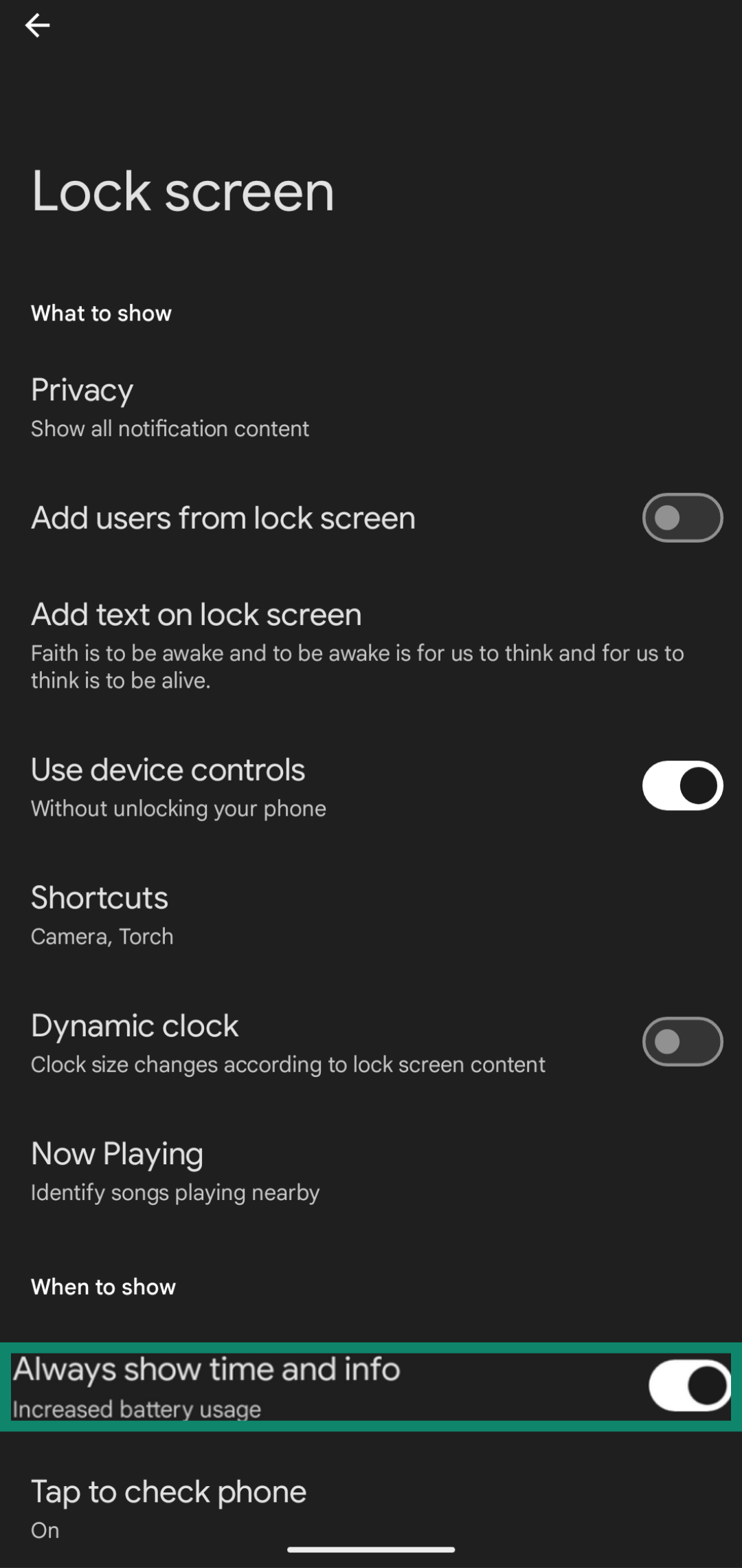 Enabling the Always On Display through the Lock screen menu in a Google Pixel device