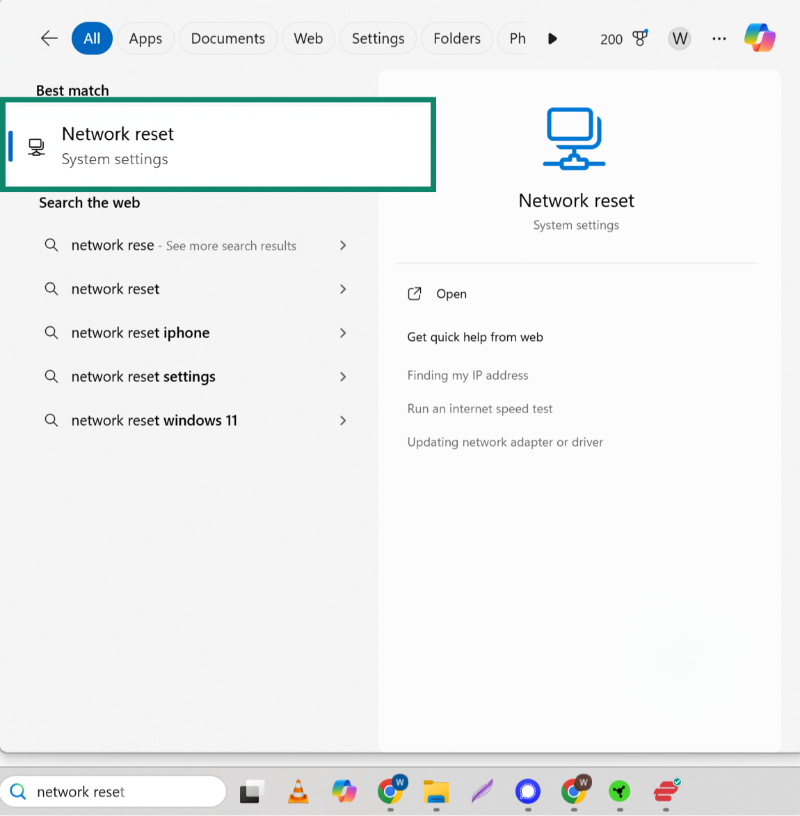 A Windows interface showing a search for network reset, with the result highlighted.