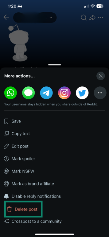 Reddit mobile app posts settings page.
