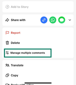 TikTok comment menu showing the Manage multiple comments option highlighted.