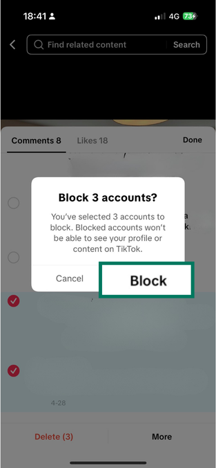 TikTok confirmation pop-up asking to Block 3 accounts with the Block button highlighted.