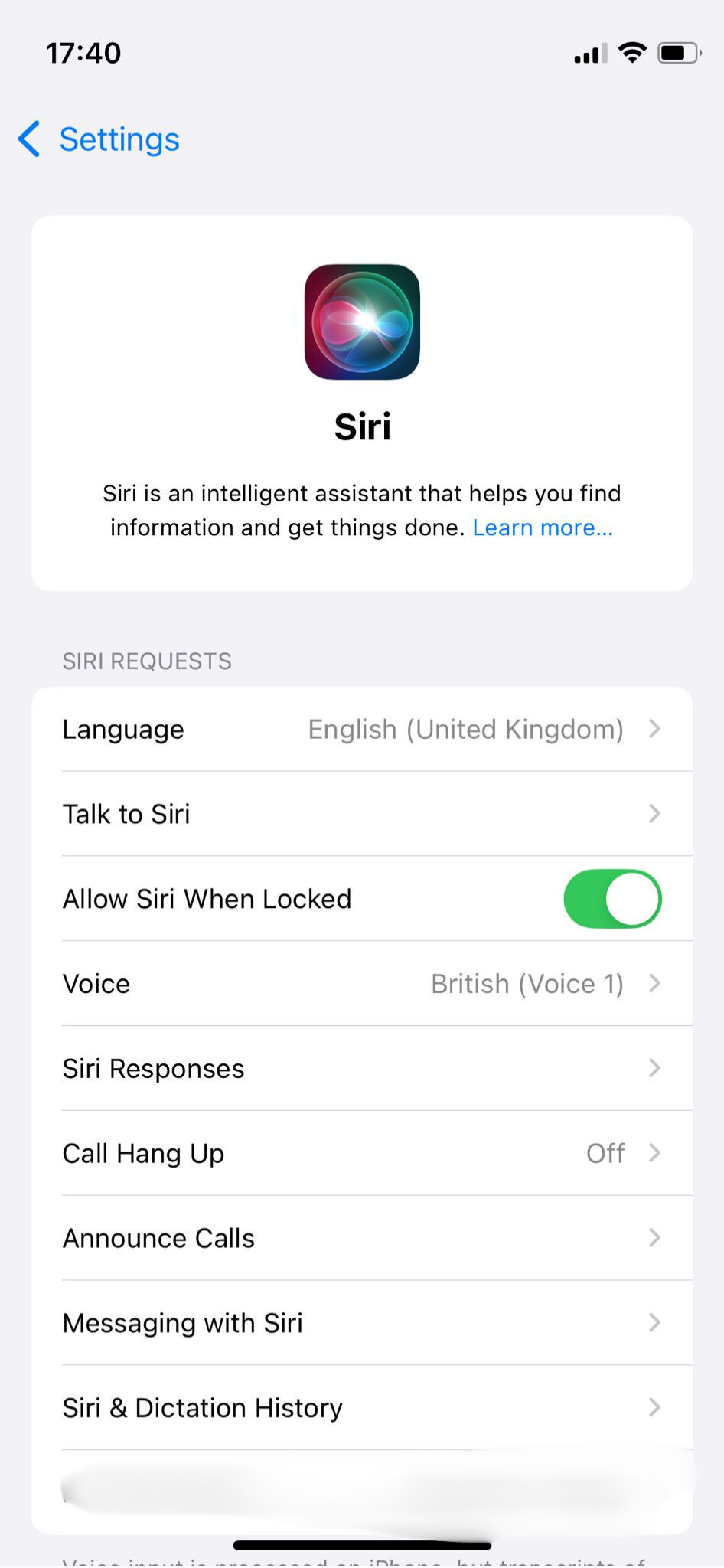 The Siri settings page, showing various configurable options for interacting with Siri