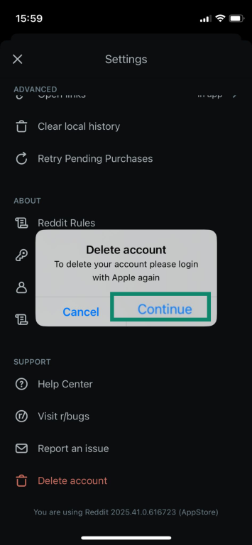 The Continue button during the Reddit deletion process on iOS.