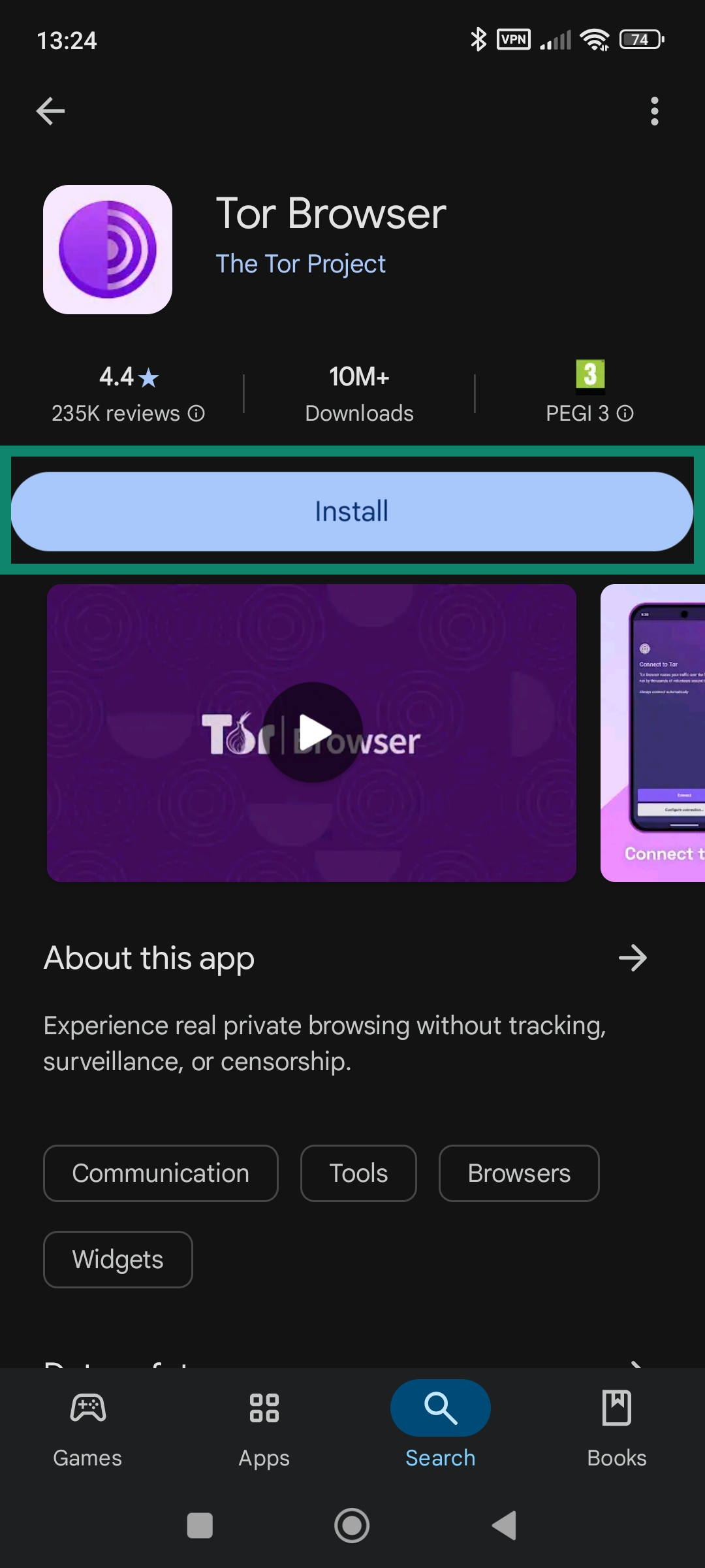 The Tor Browser download page in the Google Play Store.