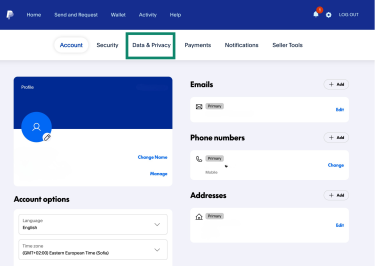 PayPal settings menu, showing the "Data and privacy" option highlighted.
