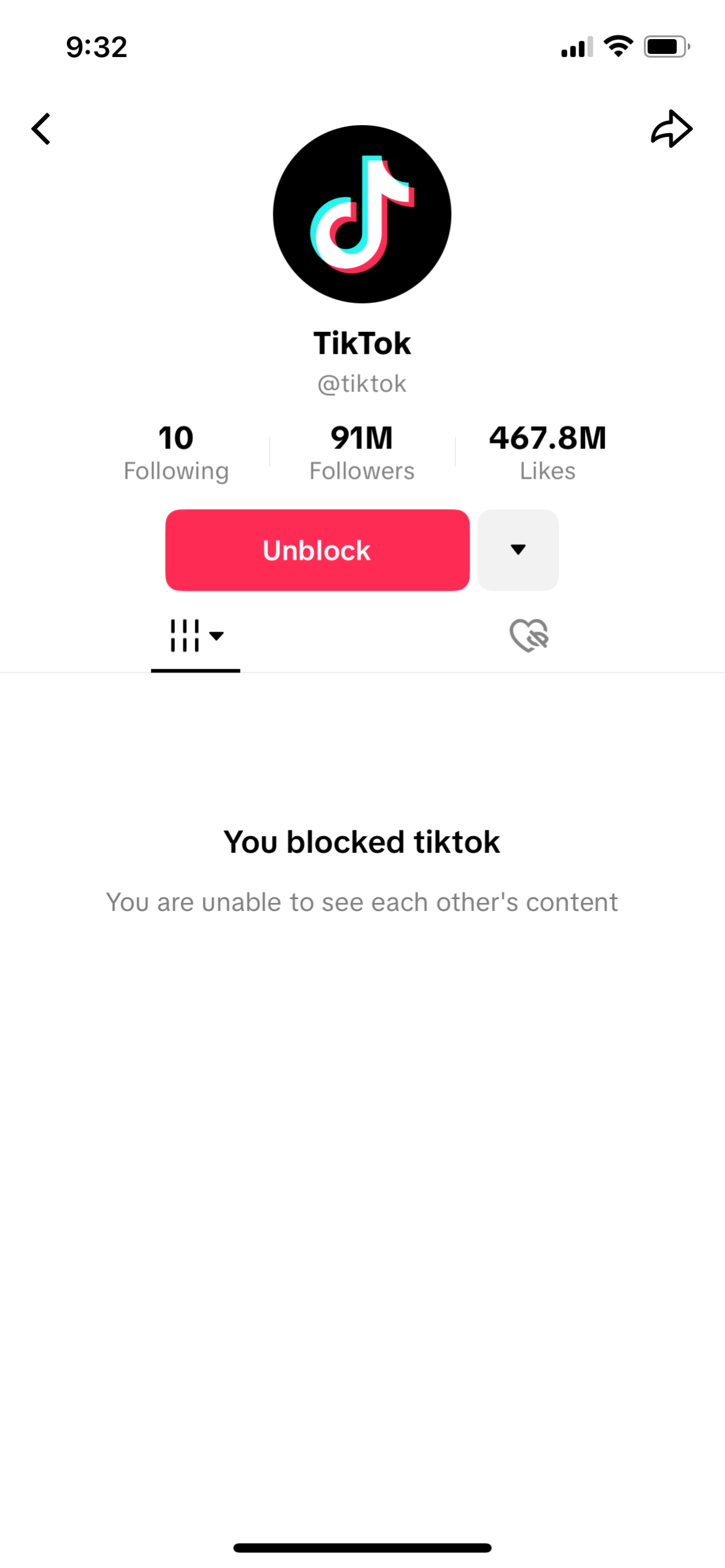 TikTok Blocked accounts screen on mobile showing TikTok profile with an Unblock button.