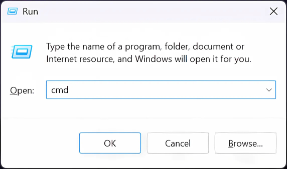 The Windows Run app, ready to open Command Prompt.