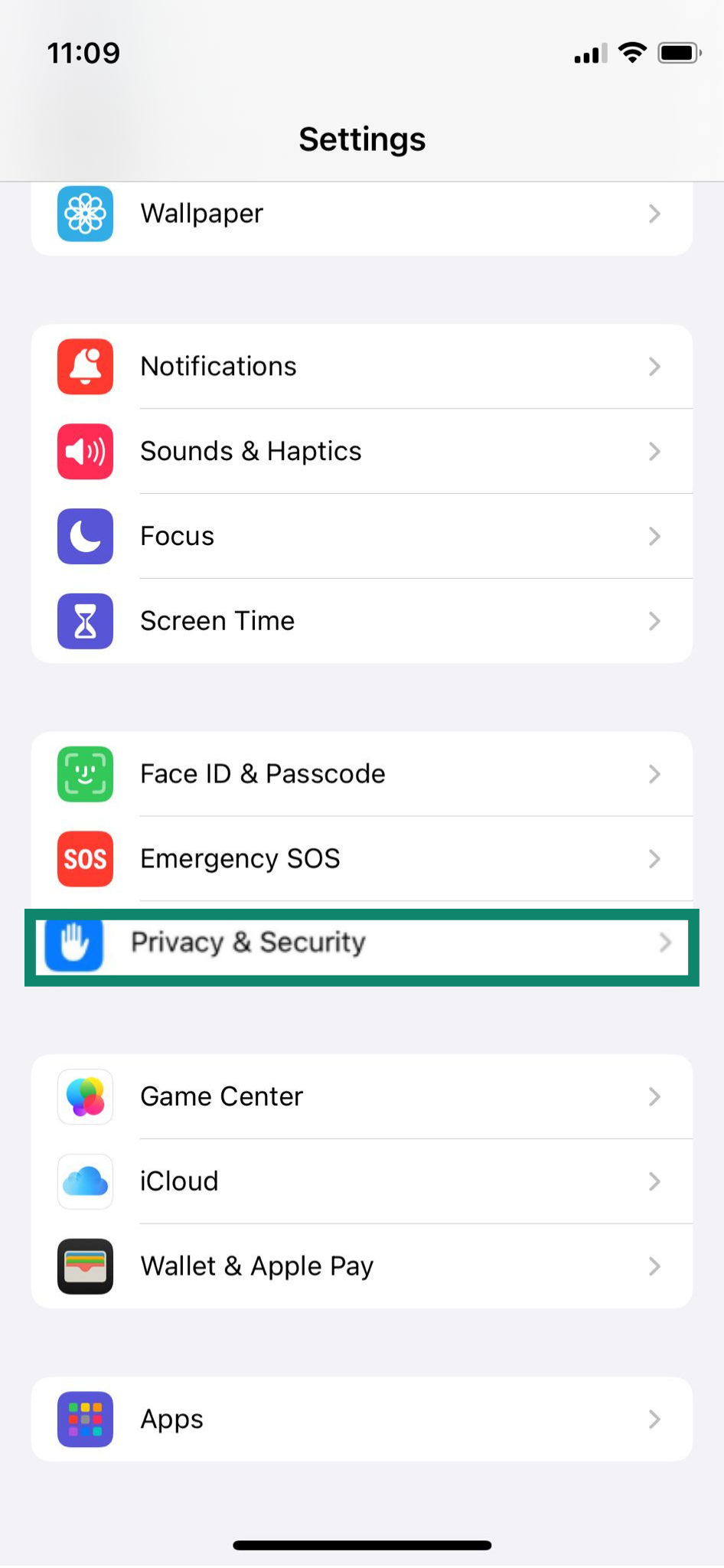 The Privacy & Security settings on an iPhone.