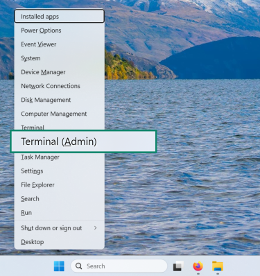 Windows 11 Quick Access menu showing the Terminal (Admin) option highlighted.