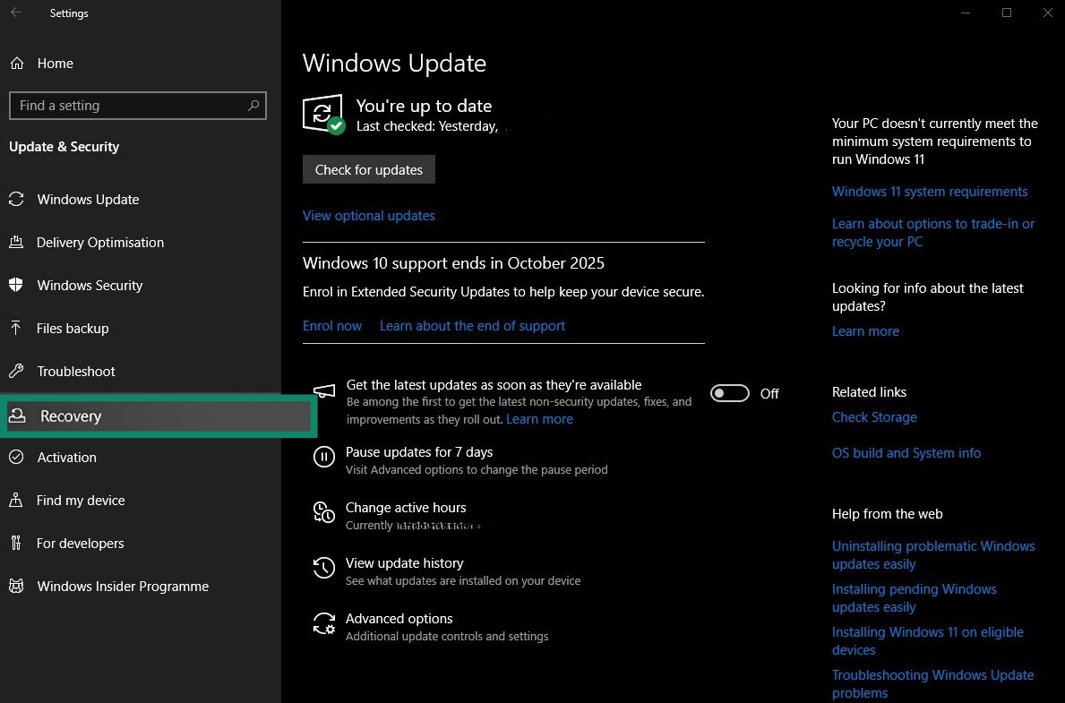 Windows Update & Security menu with the Recovery button highlighted.