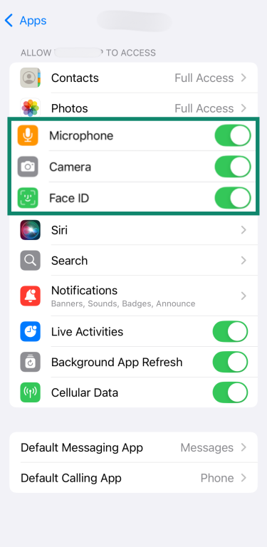 App settings with permissions
