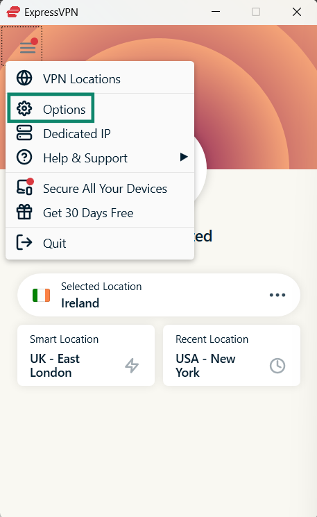 Accessing the Options menu in ExpressVPN's Windows app.