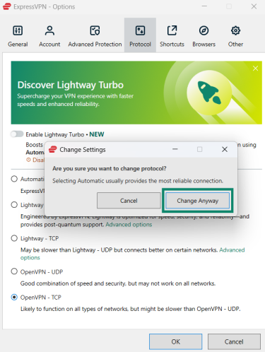 Confirming a protocol change in ExpressVPN's app.