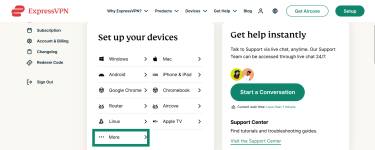Accessing more setup options in ExpressVPN web portal.