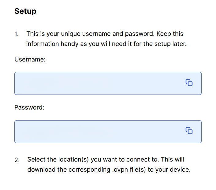 Viewing manual configuration login credentials in ExpressVPN web portal.