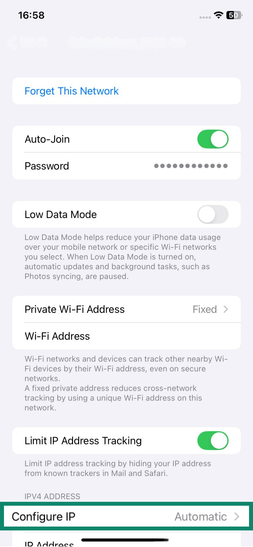 iOS Wi-Fi menu with the option to Configure IP highlighted