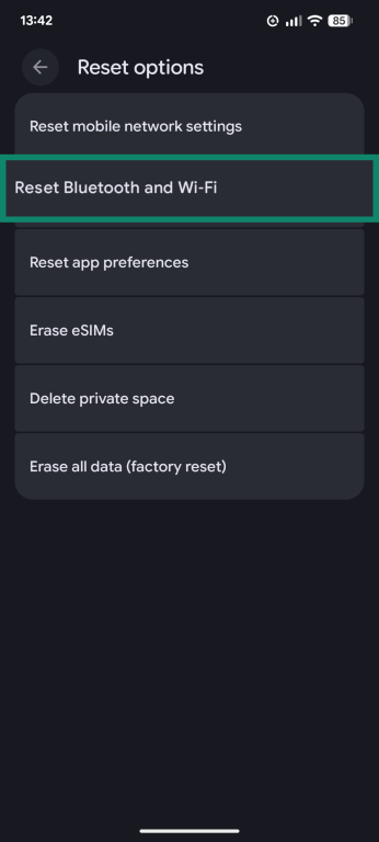 A screenshot of the Reset options in the Android Settings application, showing the button to reset Bluetooth and Wi-Fi settings.