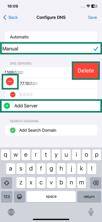 iOS Configure DNS settings with the Manual configuration selected and the Delete, Add Server, and Remove server buttons highlighted